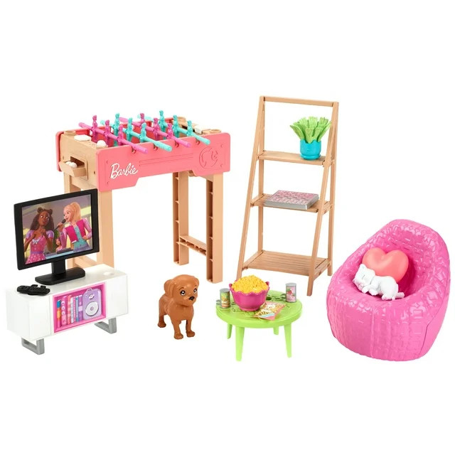 Barbie World Game Room Set with 19 Dollhouse Accessories Including Furniture, Foosball Table & Pe... | Walmart (US)