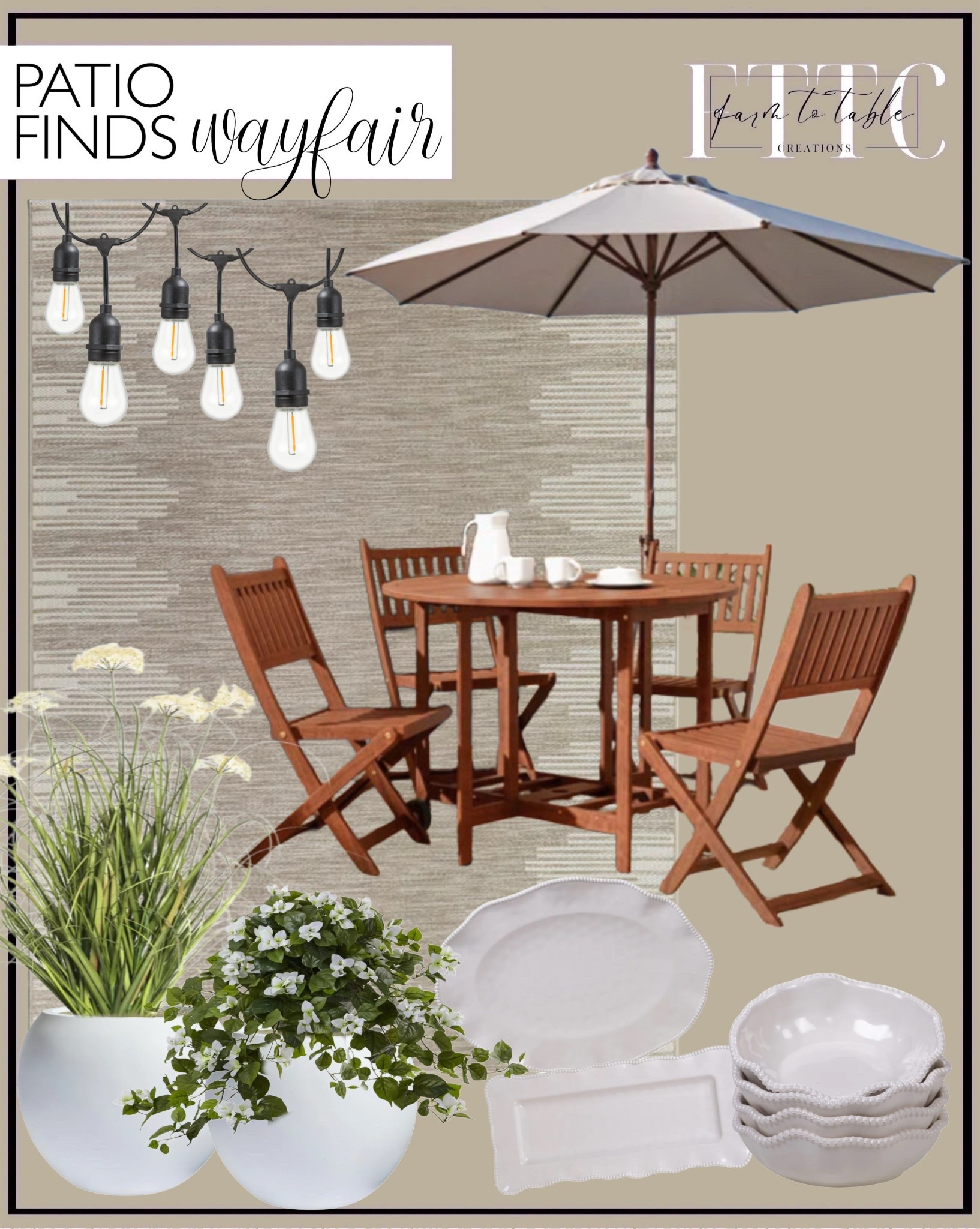 Wayfair Patio Finds. Follow @farmtotablecreations on Instagram for more inspiration.

Foldable Acacia Wood Patio Set. Market Umbrella. Indoor Outdoor Rug. Faux Grass in Pot. Planter Pot. Outdoor Faux Flowers. Two piece platter set. Outdoor strand lights. 

Way Day | Patio Finds | Dining Room | Shelf Decor | Living room | Entryway Finds | Neutral Stems | Spring Stems | Bookshelf Decor | Bedroom Space | Cozy Corner | Bathroom | Curated Entryway | Spring  Decor | End of Year Clearance | Trending Decor | Viral Decor  | Coffee Table Decor | Neutral Decor | Stem Sale | Target Finds | Skinny Bench | Bedroom | Living Room | Breakfast Nook | Amazon Home | Target Sale | Loloi Rugs | Magnolia Home | console table | console table styling | faux stems | entryway space | front porch decor | neutral decor | entryway decor | cozy home | affordable decor |  home decor | home inspiration | console styling | entryway rug | cozy moody home | moody home decor | neutral home | bathroom decor | living room | spring decor | Hearth & Hand | Studio McGee | 2025 Home Trends | trending home |


#LTKHome #LTKFindsUnder50 #LTKSaleAlert