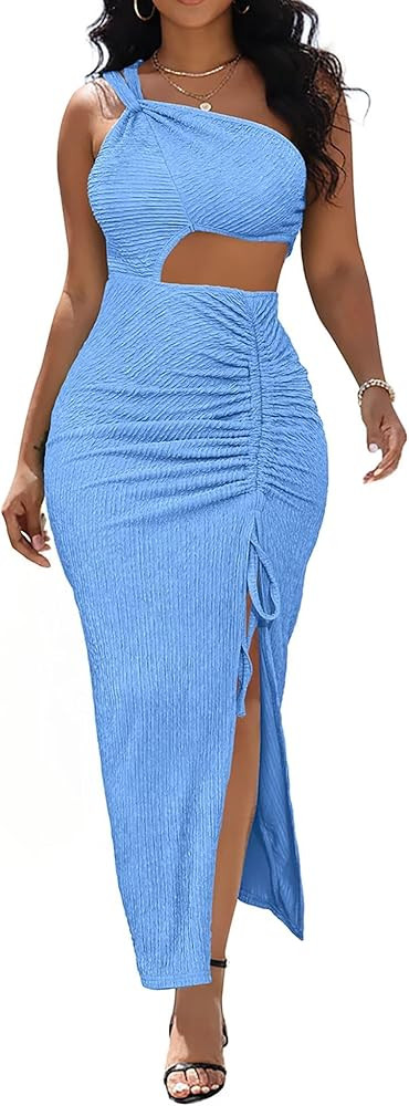 Aro Lora Womens Sexy One Shoulder Cut Out Midi Dress Ruched Side Slit Summer Beach Vacation Bodyc... | Amazon (US)
