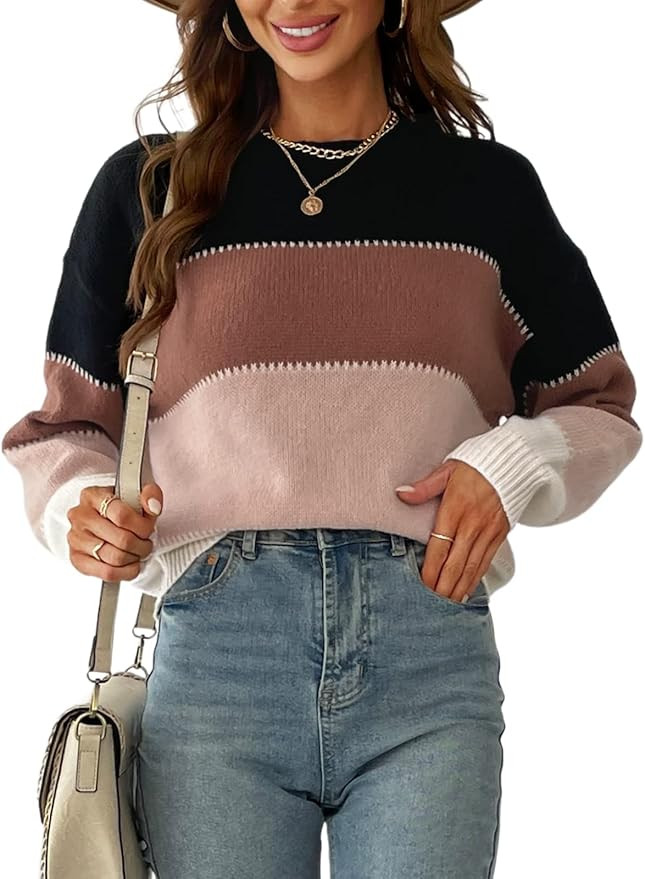 CUPSHE Womens Long Sleeve Colorblock Fall Winter Casual Knit Pullover Sweater Round Neck | Amazon (US)