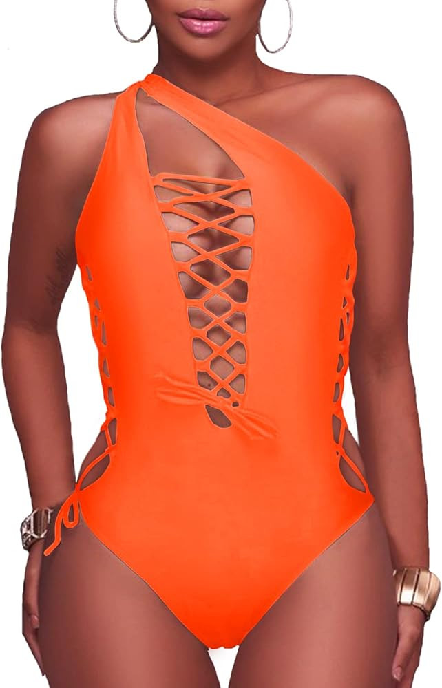 Holipick Women Sexy One Piece Swimsuit One Shoulder Bathing Suit Lace Up Swimwear | Amazon (US)