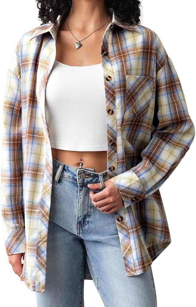 CHYRII Womens Button Down Flannel Shirts Long Sleeve Plaid Shackets Business Casual Blouse Top | Amazon (US)