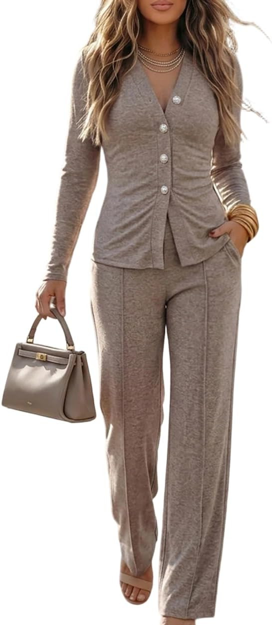 Women's 2 Piece Knit Lounge Set Cardigan Wide Leg Pants | Amazon (US)