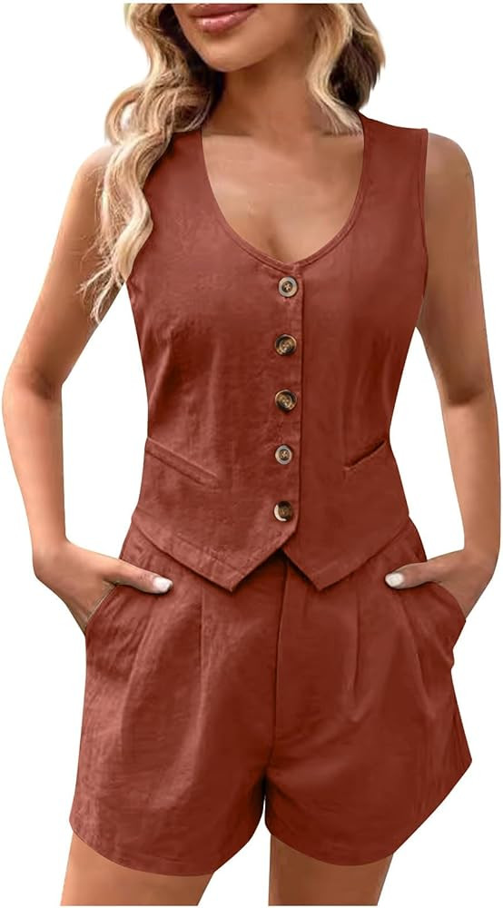 Womens 2 Piece Suits Set Summer Vacation Outfits Trendy 2024 Button Down V Neck Sleeveless Vest T... | Amazon (US)