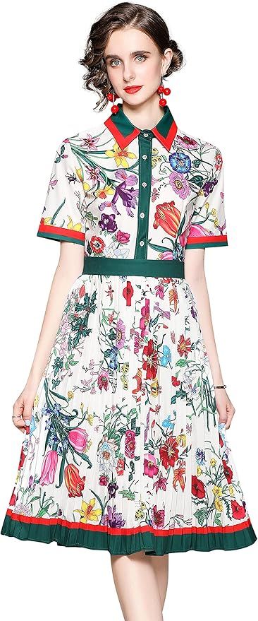 LAI MENG FIVE CATS Women's Floral Print Button up Midi Dress Casual A-line Shirt Dresses | Amazon (US)