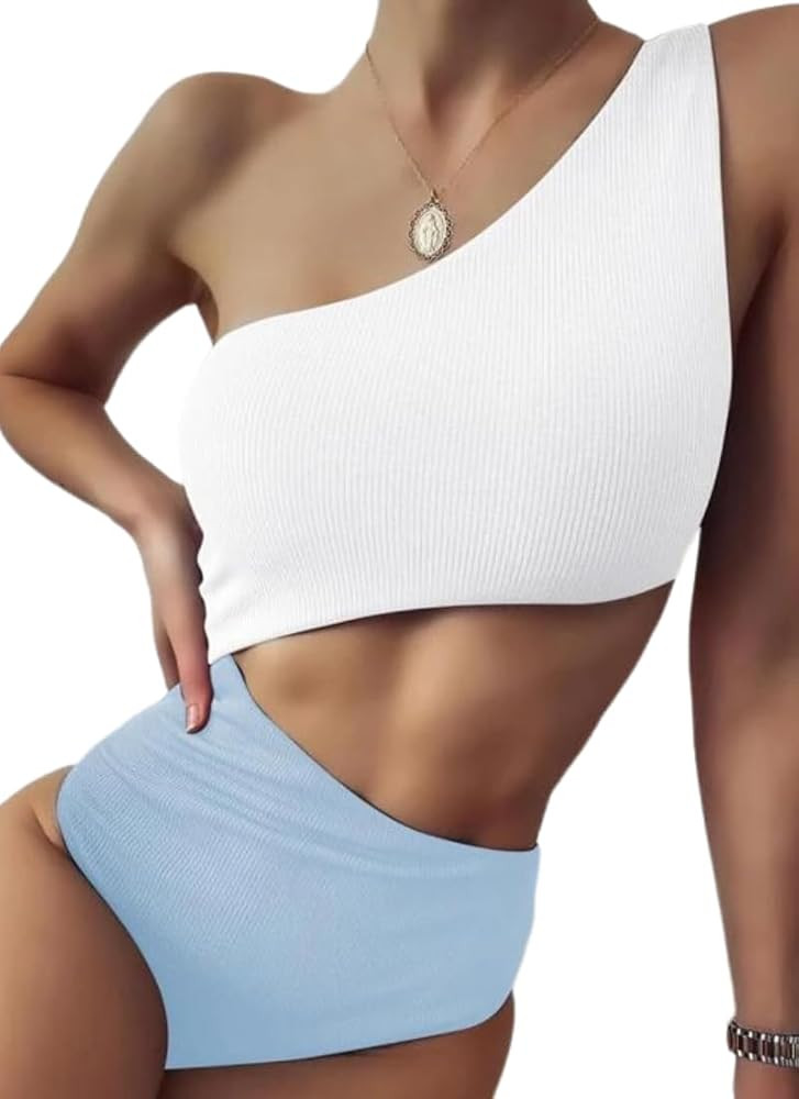 kiobrvhe One Shoulder Bikini Sets for Women Color Block High Waisted Swimsuit Ribbed Push Up Two ... | Amazon (US)