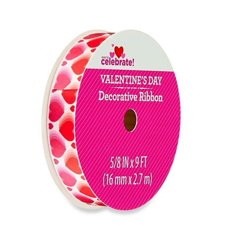 Valentine's Day Pink Satin Polyester Ribbon, 5/8" x 9', by Way To Celebrate | Walmart (US)