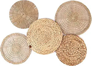 Wall Basket Decor Boho Flat, Set of 5 Hanging Woven Basket Wall Decor (11" - 13"), Round Seagrass... | Amazon (US)