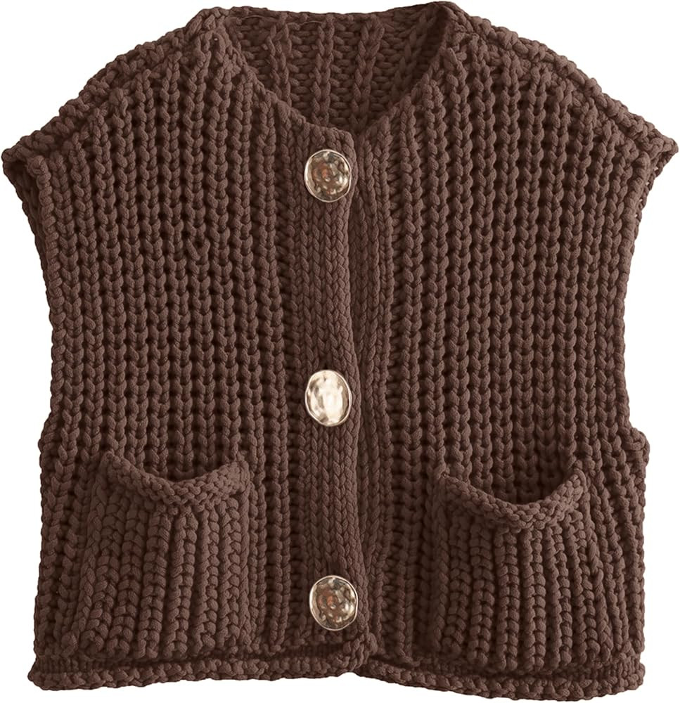 Womens Casual Chunky Knit Vest Gold Button Down Crop Crochet Sleeveless Sweater Vest | Amazon (US)