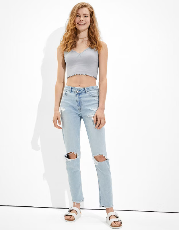 AE Stretch Ripped Crossover Highest Waist Mom Jean | American Eagle Outfitters (US & CA)