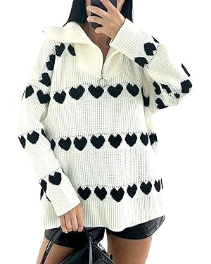 Yimoon Heart Sweater for Women Valentines Day Sweater Oversized Quarter Zip Knit Pullover Cute Ch... | Amazon (US)