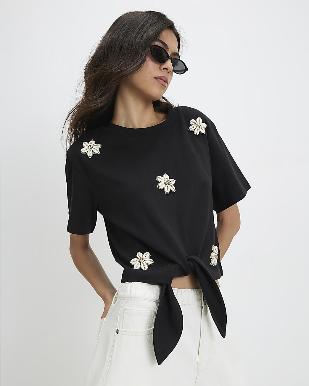 Black Cotton Flower Shell Knot Front T-Shirt | River Island UK & IE