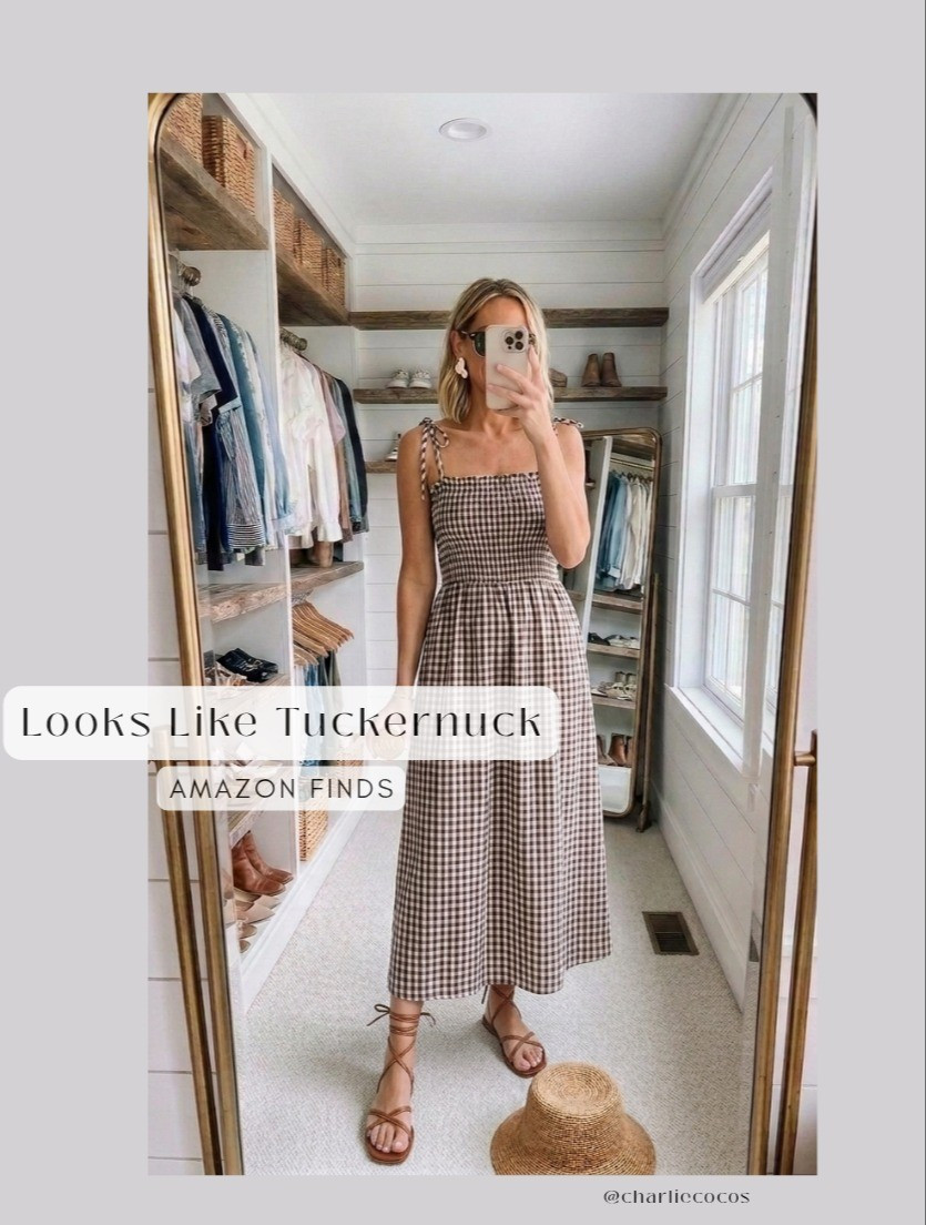 Tuckernuck looks for less! Looks like tuckernuck but it's amazon! Brown gingham dress. Old money style. Summer vacation dresses. Sumemr dresses. Amazon dresses. Amazon sandals. 

#LTKootd #LTKSaleAlert #LTKTravel