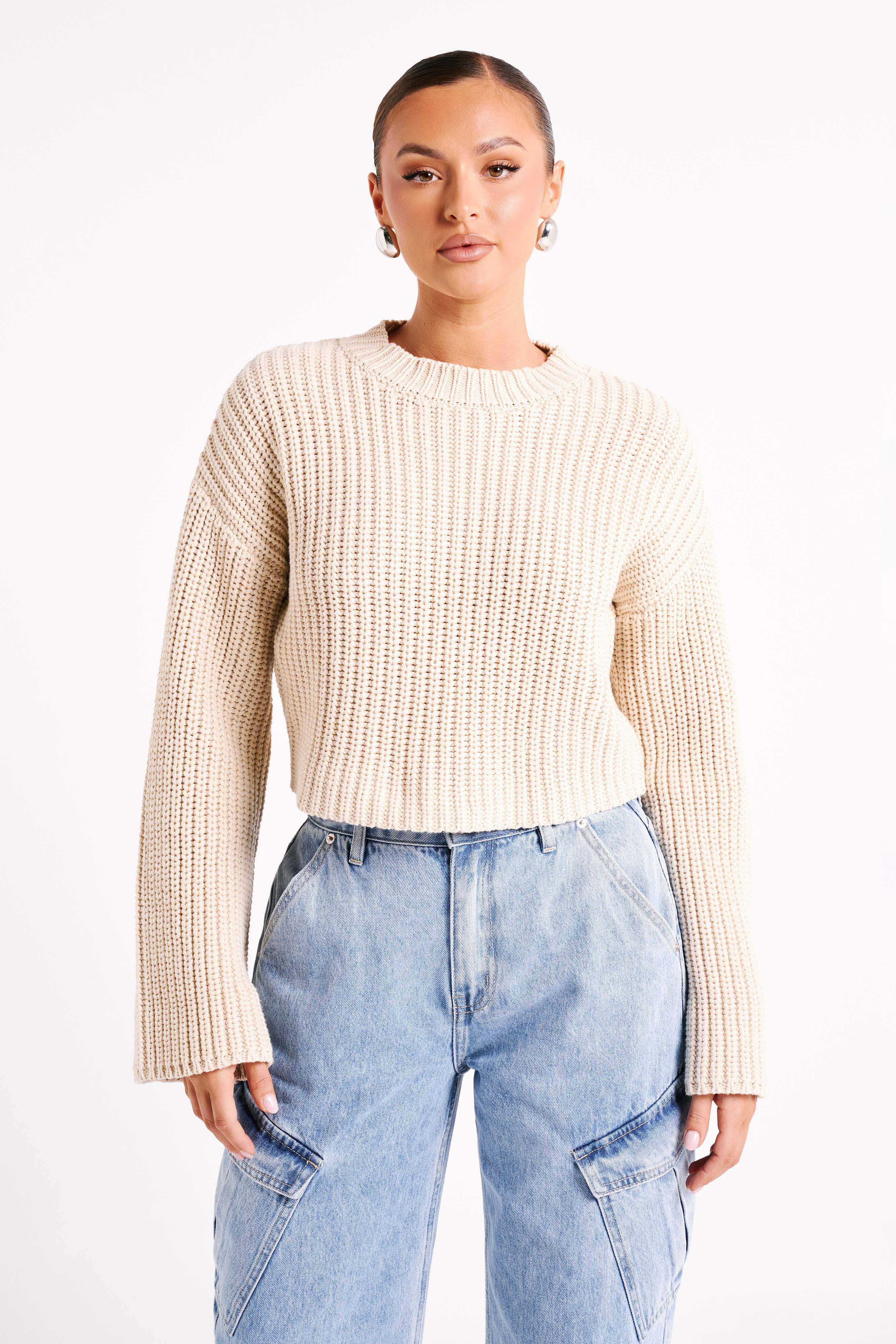 Didi Cropped Knit Jumper - Cream | MESHKI US