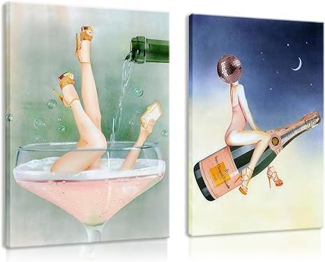 2Pcs Framed Champagne Wall Art Trendy Bar Cart Posters Girly Cocktail Pictures Prints Retro Hot G... | Amazon (US)