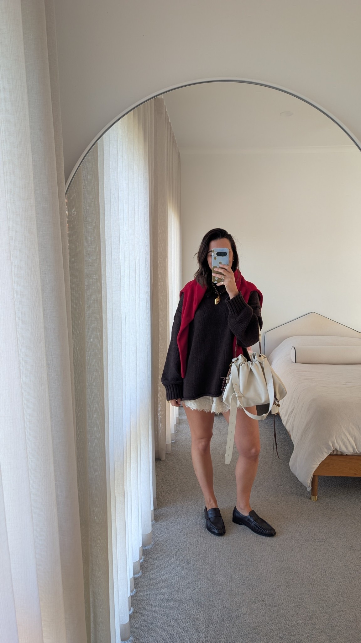 New & old for Autumn!

Red knit is Maxted Clothing- I wear a small.

Choc knit - S
Shorts- 10
Shoes - run true to size 
