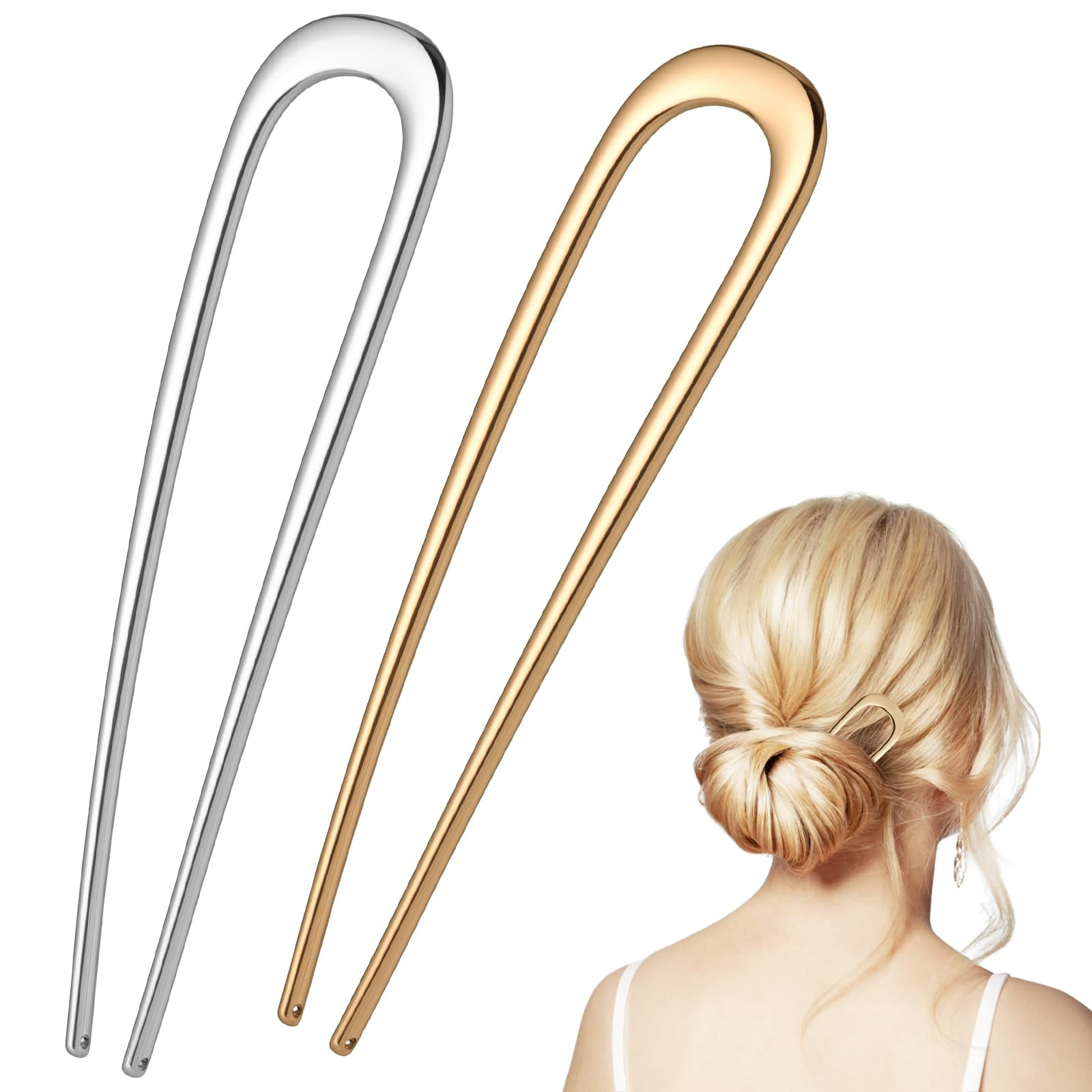 2PCS Fosvrde U-Shaped Large 5.5 Inch Metal Hair Pins for Women and Girls, Vintage Gold and Silver... | Amazon (US)