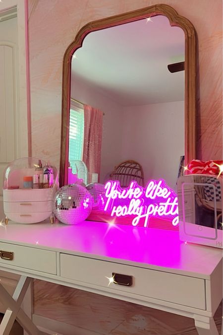 Girls desk / vanity makeup organizer, neon sign, disco ball, mini fridge. 

#LTKbeauty #LTKGiftGuide #LTKkids