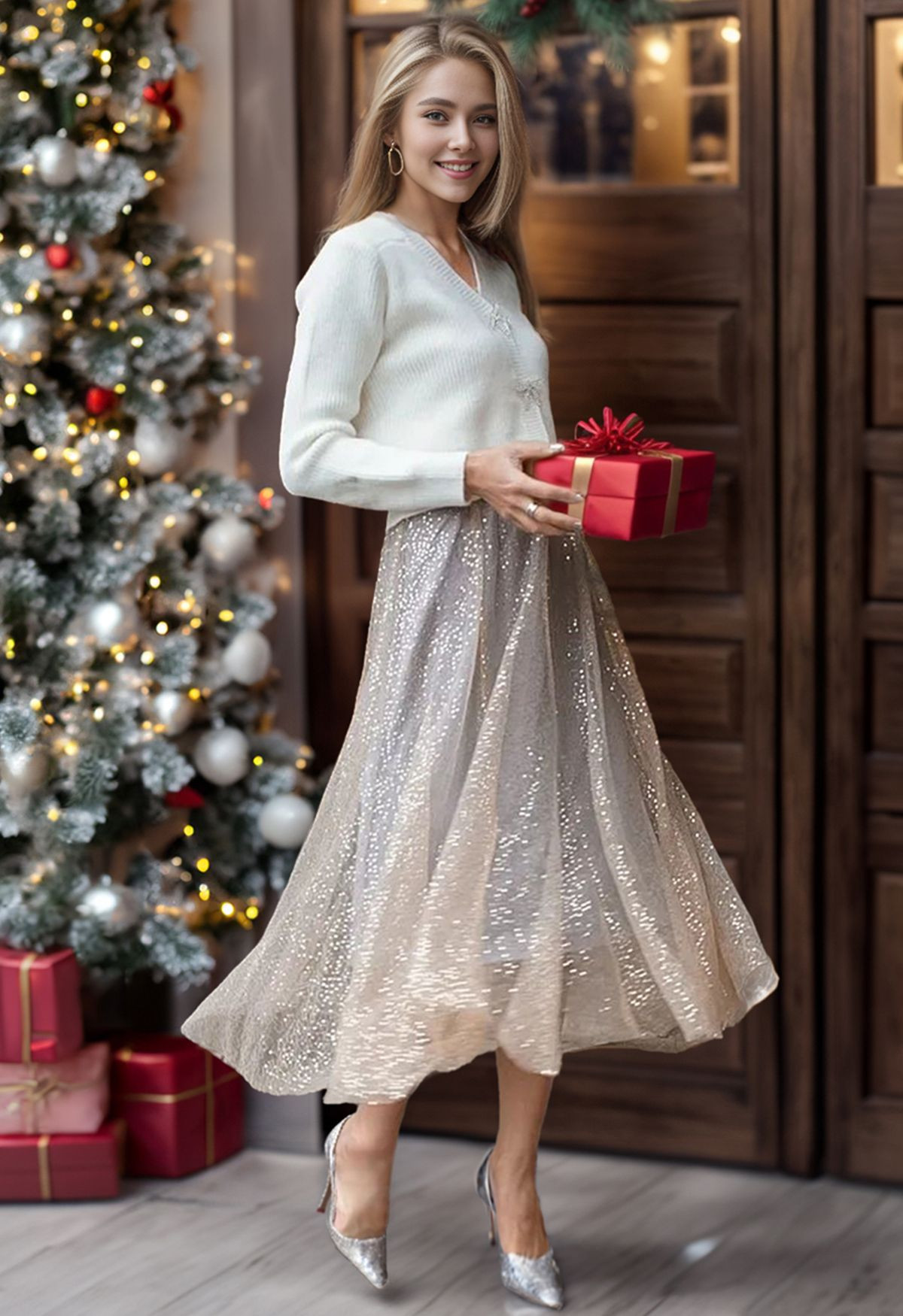 Shimmer Sequins Embroidered Mesh Tulle Pleated Skirt | Chicwish