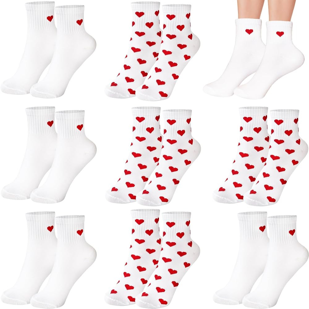 Haawooky 8 Pairs Cute Heart White Red Socks,2 Styles Ankle Socks for Women,Frilly Fun Heart Patte... | Amazon (US)
