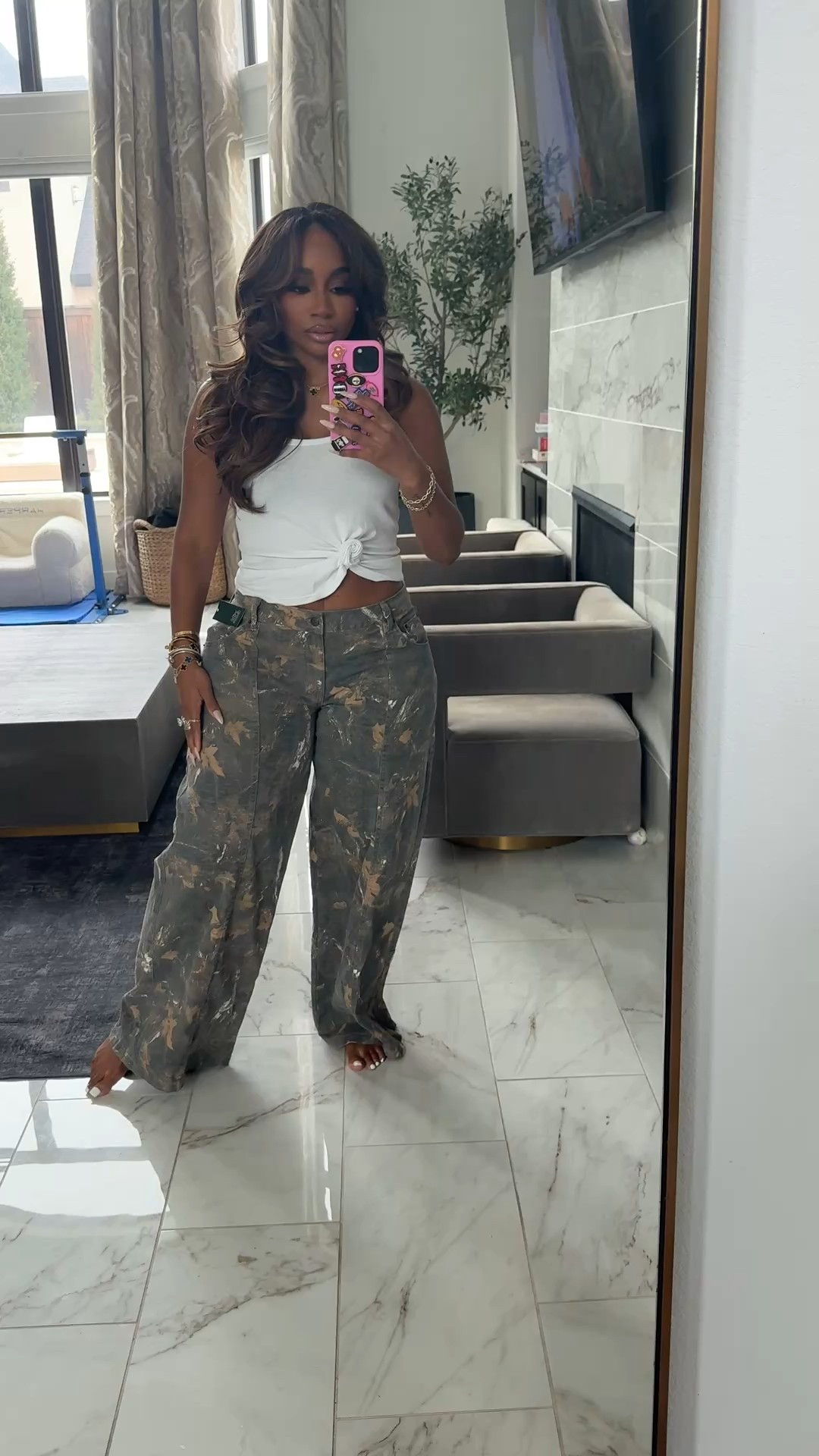 White tank top with knot detail paired with camo wide leg pants for a casual style inspo! Pair with sandals or sneakers! 

#LTKootd