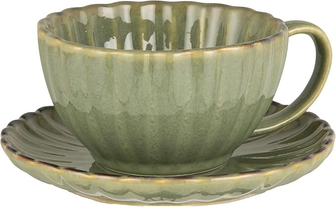Creative Co-Op 10-Ounce Stoneware Ribbed Mug with Saucer in Reactive Glaze, Sage Green | Amazon (US)
