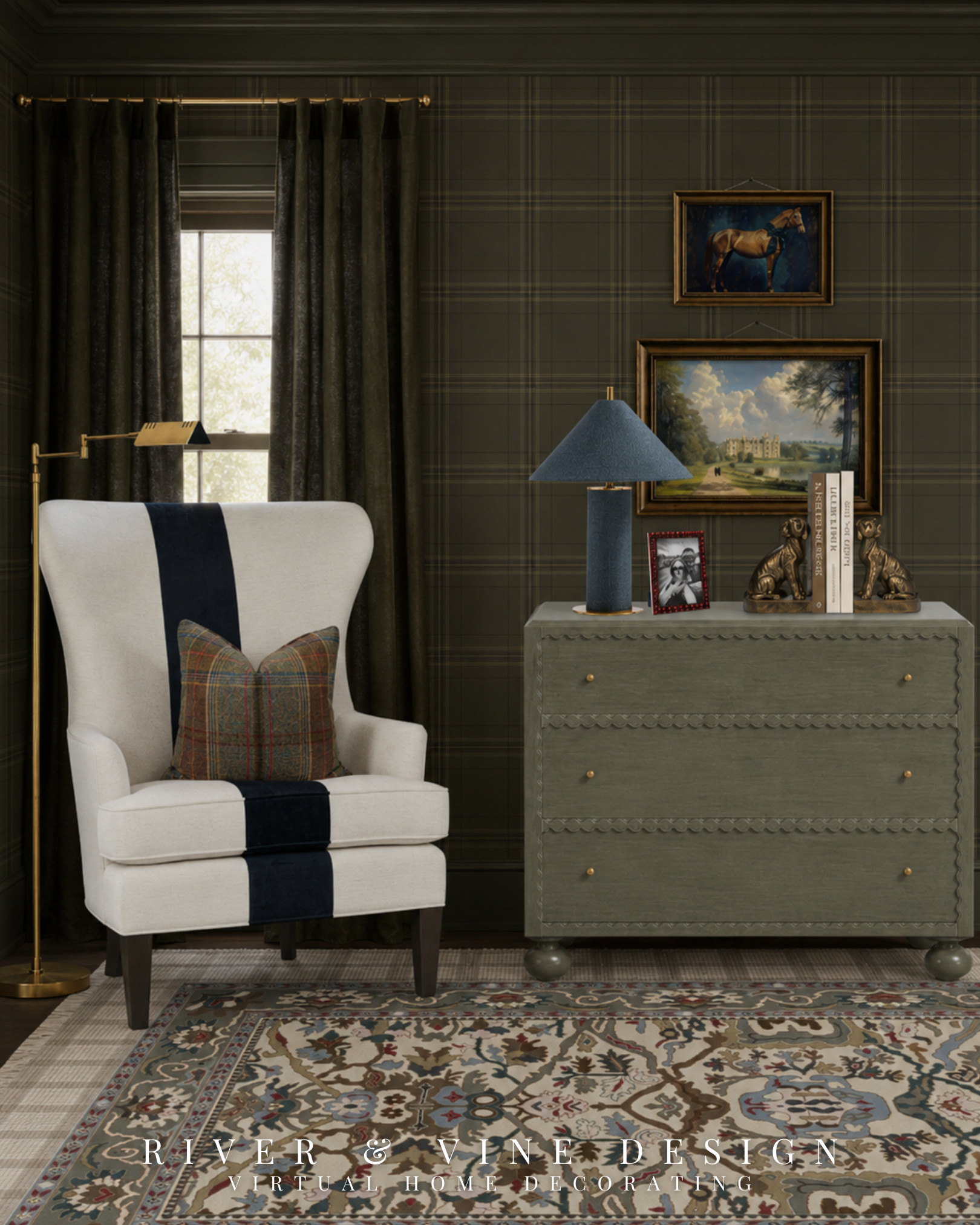 An empty bedroom corner does not need more small decor—it needs one strong, functional moment.

A tall reading chair, slim floor lamp, substantial dresser, and layered artwork turn this overlooked wall into a useful reading nook with extra storage. Repeating the plaid, antique brass, muted blue, and equestrian details also helps this side of the room feel connected to the beds without copying them exactly.

Save this arrangement for a bedroom corner that currently feels unfinished. Would you choose the reading chair or the dresser first?

Bedroom reading nook, traditional dresser, English country bedroom, equestrian decor, plaid wallpaper, layered artwork, designer storage ideas, classic home decor.

Affiliate links may earn me a commission at no additional cost to you. 

 #LTKHome