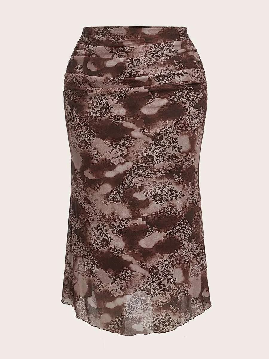 SHEIN ICON Plus Floral Print Ruched Glitter Skirt SKU: sf2212131829329574(45 Reviews)$13.99$13.29... | SHEIN