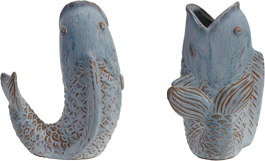 Creative Co-Op Stoneware Fish Shaped Vase with Reactive Glaze, Blue | Amazon (US)