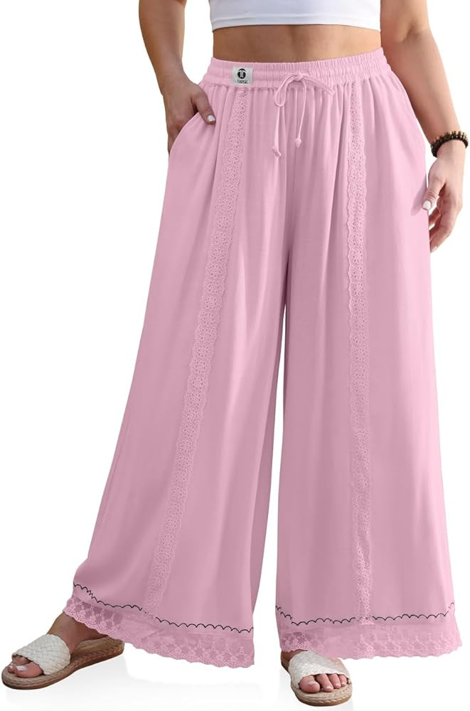 TARSE Womens Linen Wide Leg Pants Loose Boho Lounge Beach Vacation Flowy Lace Summer Pants with P... | Amazon (US)