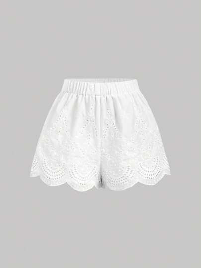 SHEIN MOD Women's White Woven Fabric Mini Shorts Casual Summer Bottoms With Scalloped Eyelet Embr... | SHEIN