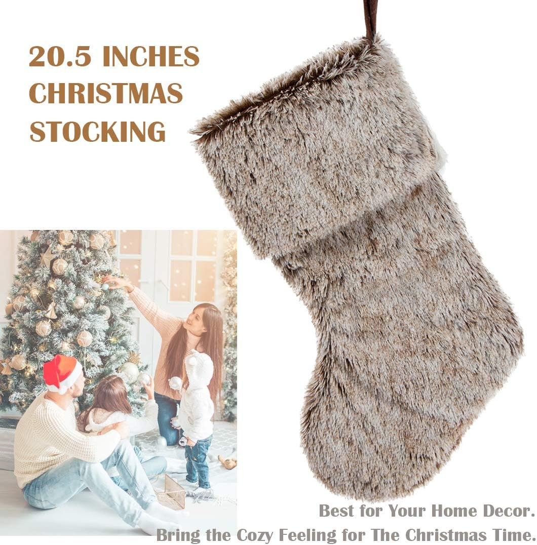 GMOEGEFT Christmas Stocking 20.5 Inches Brown Plush Faux Fur Xmas Tree Holiday Decorations Orname... | Amazon (US)