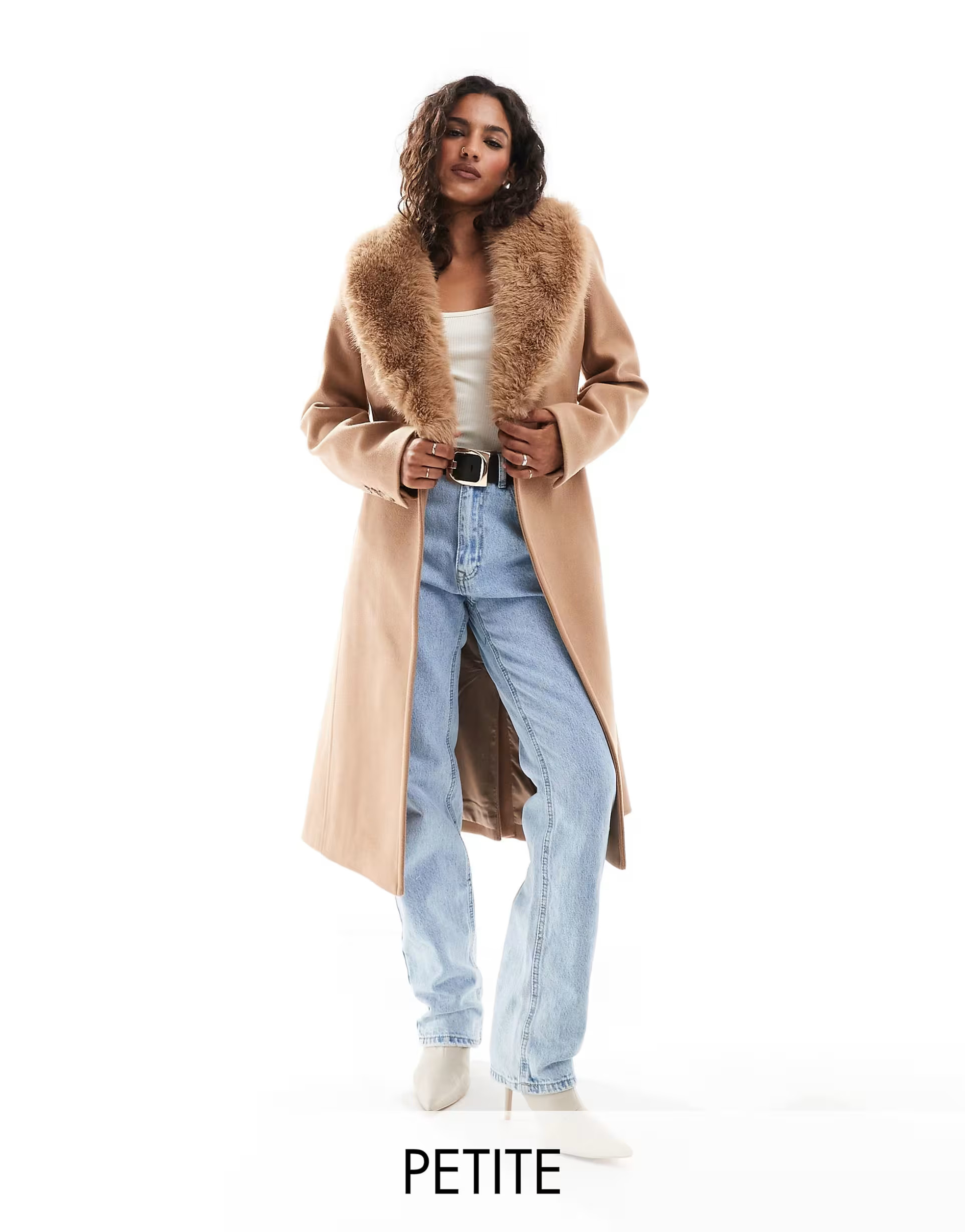 Ever New Petite faux fur collar coat in camel | ASOS (Global)