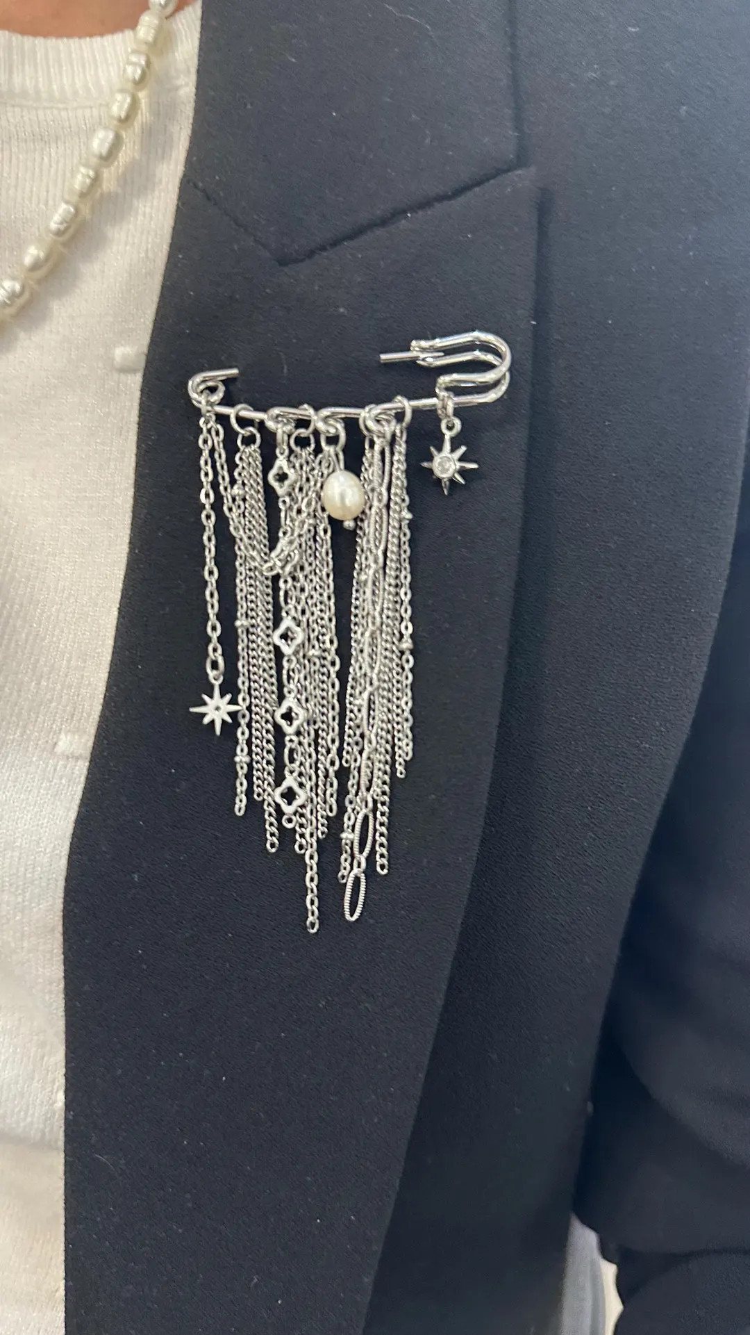 Safety Pearl Brooch With Silver Chain, Statement Pin With Stars, Fashion Elegant Badge, Gift for ... | Etsy (US)