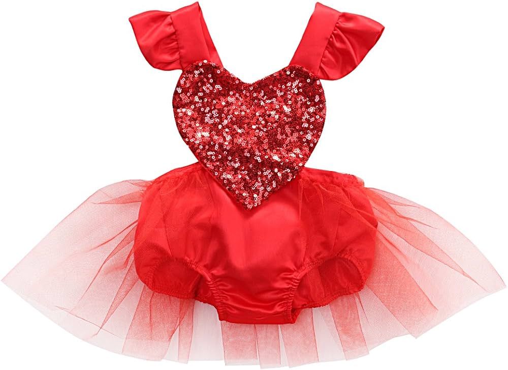 Muasaaluxi Newborn Baby Girls Valentine Romper Tutu Dress Fly Sleeve Heart Sequins Bodysuit Jumps... | Amazon (US)