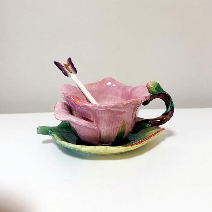 Ceramic Tea Cup and Saucer Set ，6OZ 3D Hand-Painted Flower and Lotus Leaf Coffee Mug，Gift for... | Amazon (US)