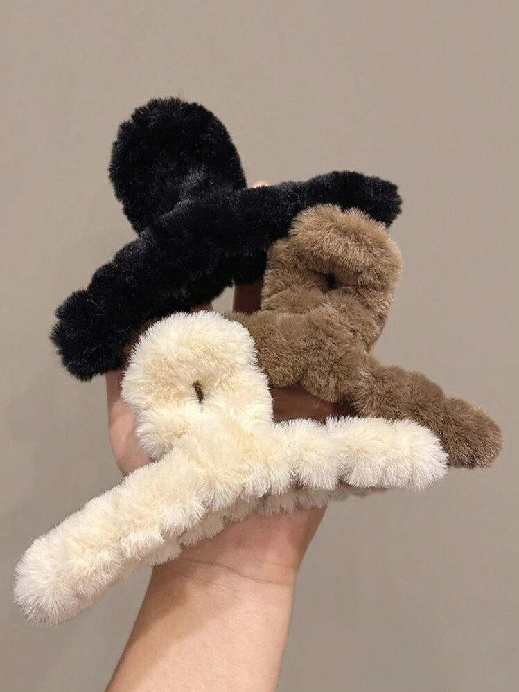 3pcs/1pc Cute Plush Black/White/Brown 4.33in Lightweight Hair Clips, Elegant And Simple Solid Col... | SHEIN