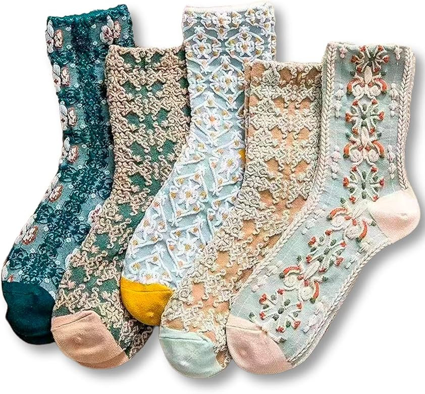 VETEVORY Women Vintage Pink Floral Patterned Cute Ruffle Cotton Ankle Socks 5 Pairs | Amazon (US)
