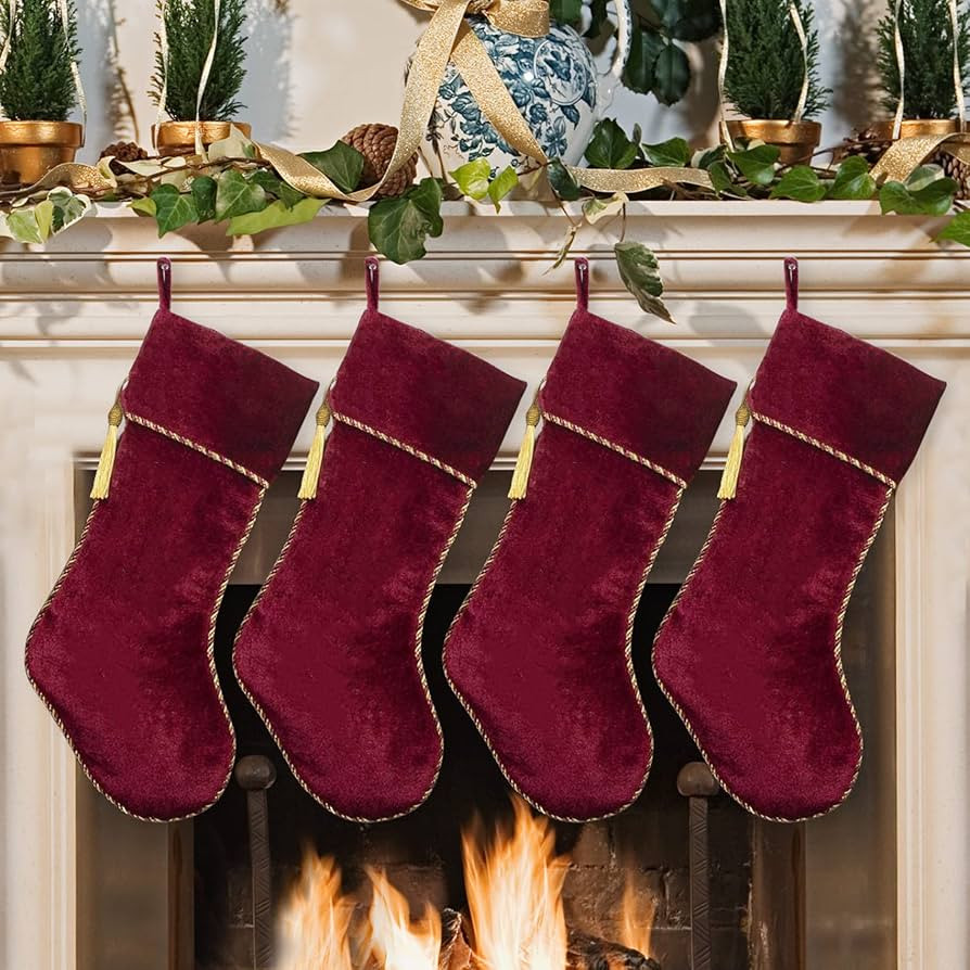 Red Christmas Stockings 4 Pack Velvet Christmas Stockings with Gold Tassel Decorations for Firepl... | Amazon (US)