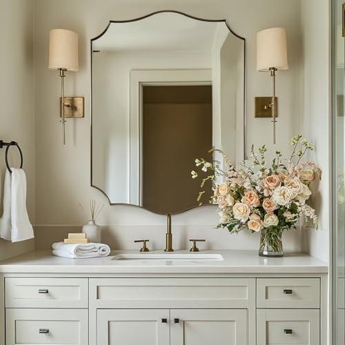 30"x40" Brushed Gold Bathroom Mirror, Large Rectangle Scalloped Mirror, Antique Brass Mirror in R... | Amazon (US)
