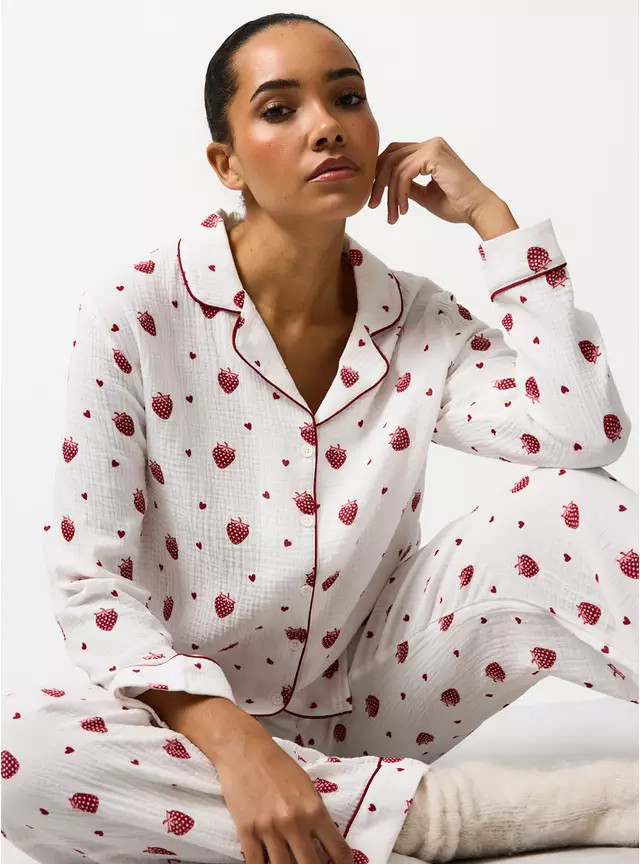 White Strawberry Print Traditional Pyjamas M | Tu Clothing
