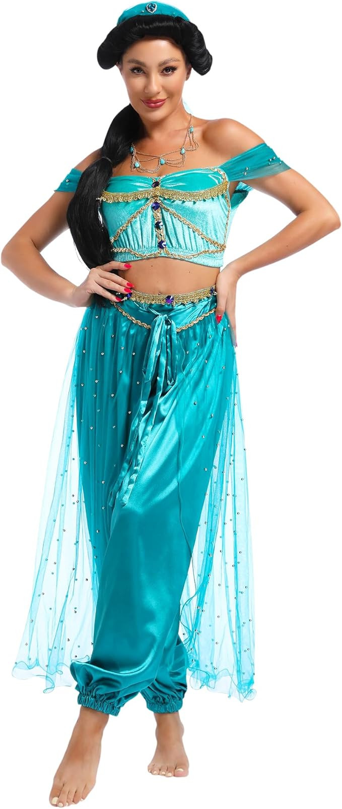 MISI CHAO Belly Dance Princess Jasmine Costume - Aladdin Halloween Outfit Princess Costumes Teal ... | Amazon (US)