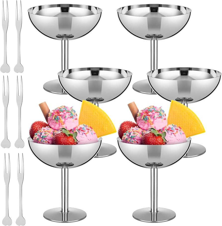 Reallnaive 6 Sets Stainless Steel Ice Cream Cups Bulk Silver Dessert Bowls with Forks 6.7 oz Smal... | Amazon (US)