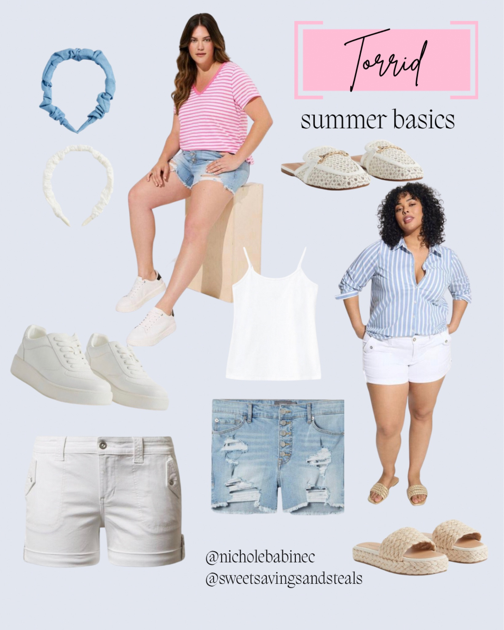 Summer basics at Torrid! Striped T-shirt and striped button up, white cami, casual sneakers and sandals and blue or white shorts and headbands. 

#LTKcurves #LTKSeasonal #LTKFind