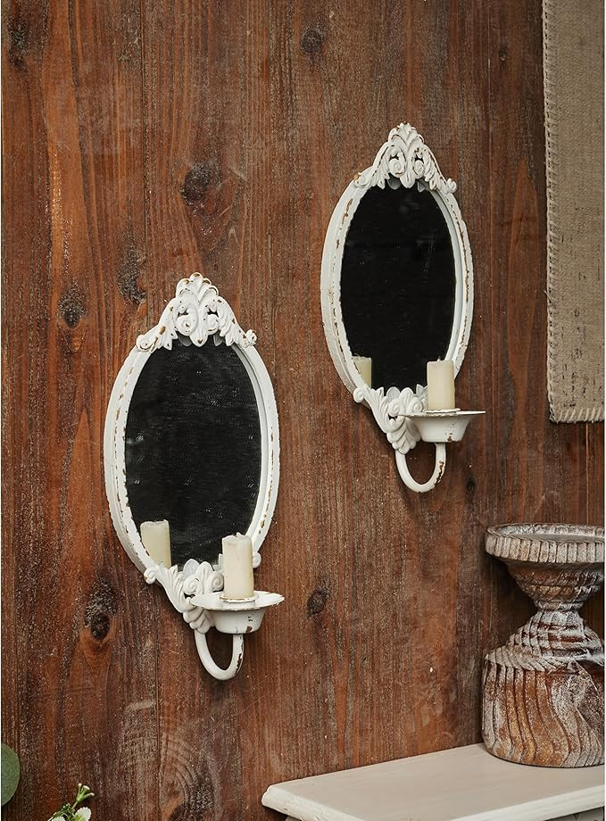 SOFE Rustic White Mirrored Wall Candle Sconces Set of Two, Metal Vintage Wall Candle Holder, Hand... | Amazon (US)