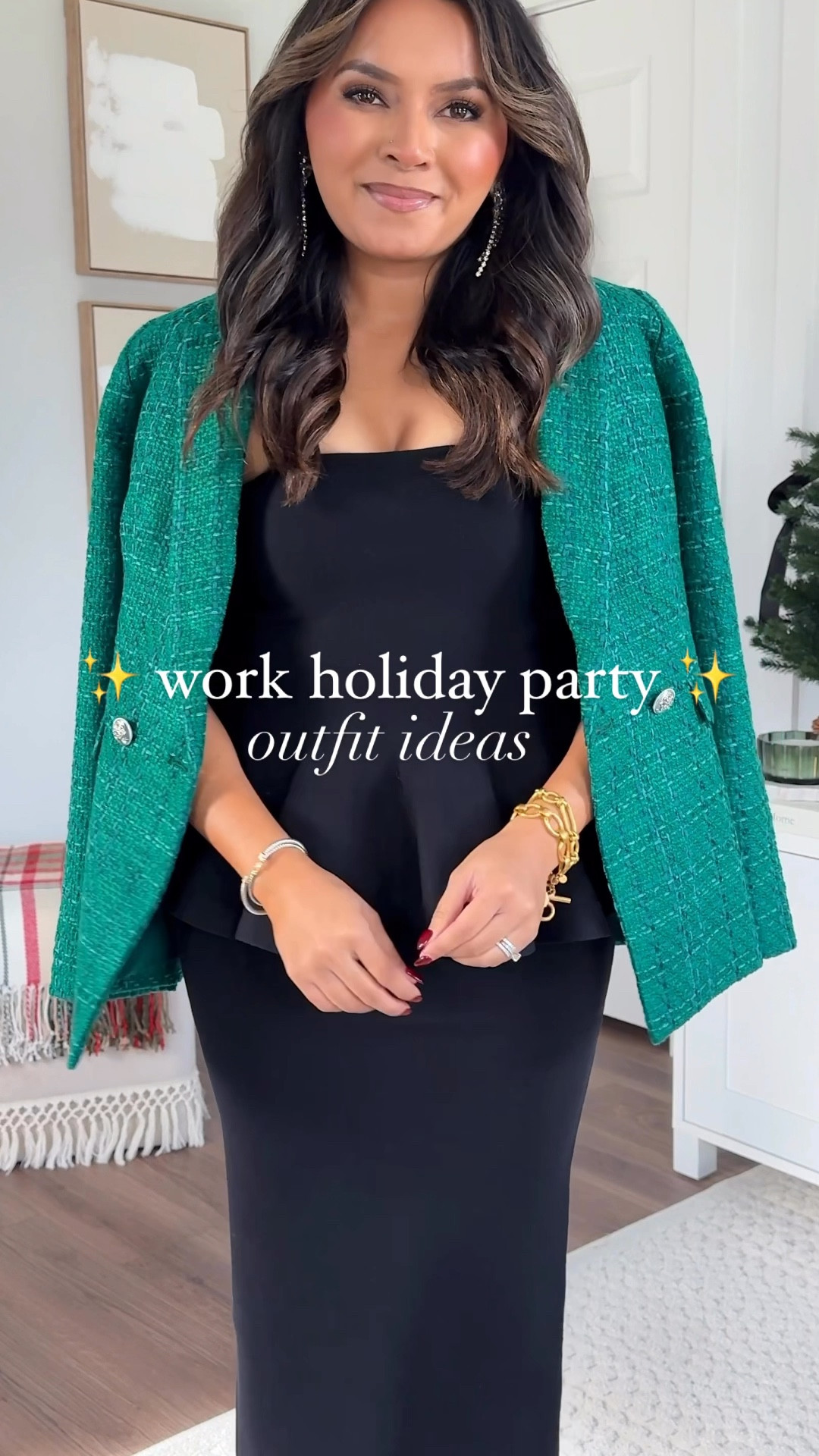 Black peplum top size XXS TTS 
Black sweater skirt size XS petite TTS 
Black heels size 5 TTS 

Jewel green blazer size 00 petite - runs small, wish I had sized up a size 
Black peplum top size XXS TTS 
Black sweater skirt size XS petite TTS 
Black heels size 5 TTS 

Black organza blouse size XS petite TTS 
Red gingham plain midi skirt size 2 petite TTS 
Black embellished heels size 5 TTS 

White cable cardigan size XXS TTS
Embellished rhinestone jeans size 2 petite TTS 
Tan suede heels size 5 TTS 

Red top size XS petite TTS 
Red sequin skirt size 2 petite TTS - sold out, check back for restock 
Gold heels - old, similar linked 

Plaid blazer size 00 petite TTS 
Red  blouse size XS petite TTS 
Black faux leather pants size 2 petite - run a little small in the waist, size up a size 
Black heels size 5 TTS 

Holiday outfits 
Holiday style 
Holiday dress 
Christmas party outfit 
Christmas outfit 
New Years eve outfit 
Holiday party outfit 

Honey Sweet Petite 
Honeysweetpetite 

Comment SHOP below to receive a DM with the link to shop this post on my LTK ⬇ https://liketk.it/4XVJc #ltkstyletip #ltkholiday #ltkparties

#LTKSaleAlert #LTKWorkwear #LTKCyberWeek