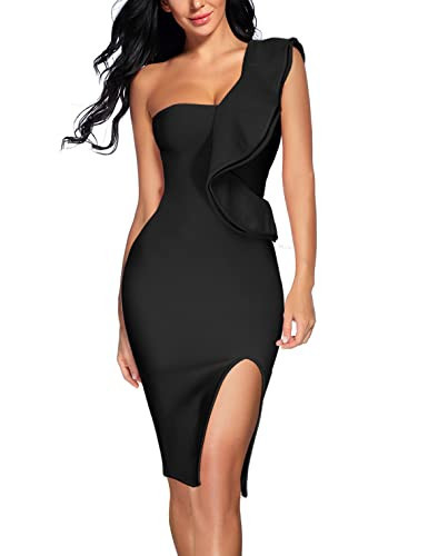 Women's Ruffles One Shoulder Split Bodycon Bandage Evening Party Dress (L, Black) | Amazon (US)