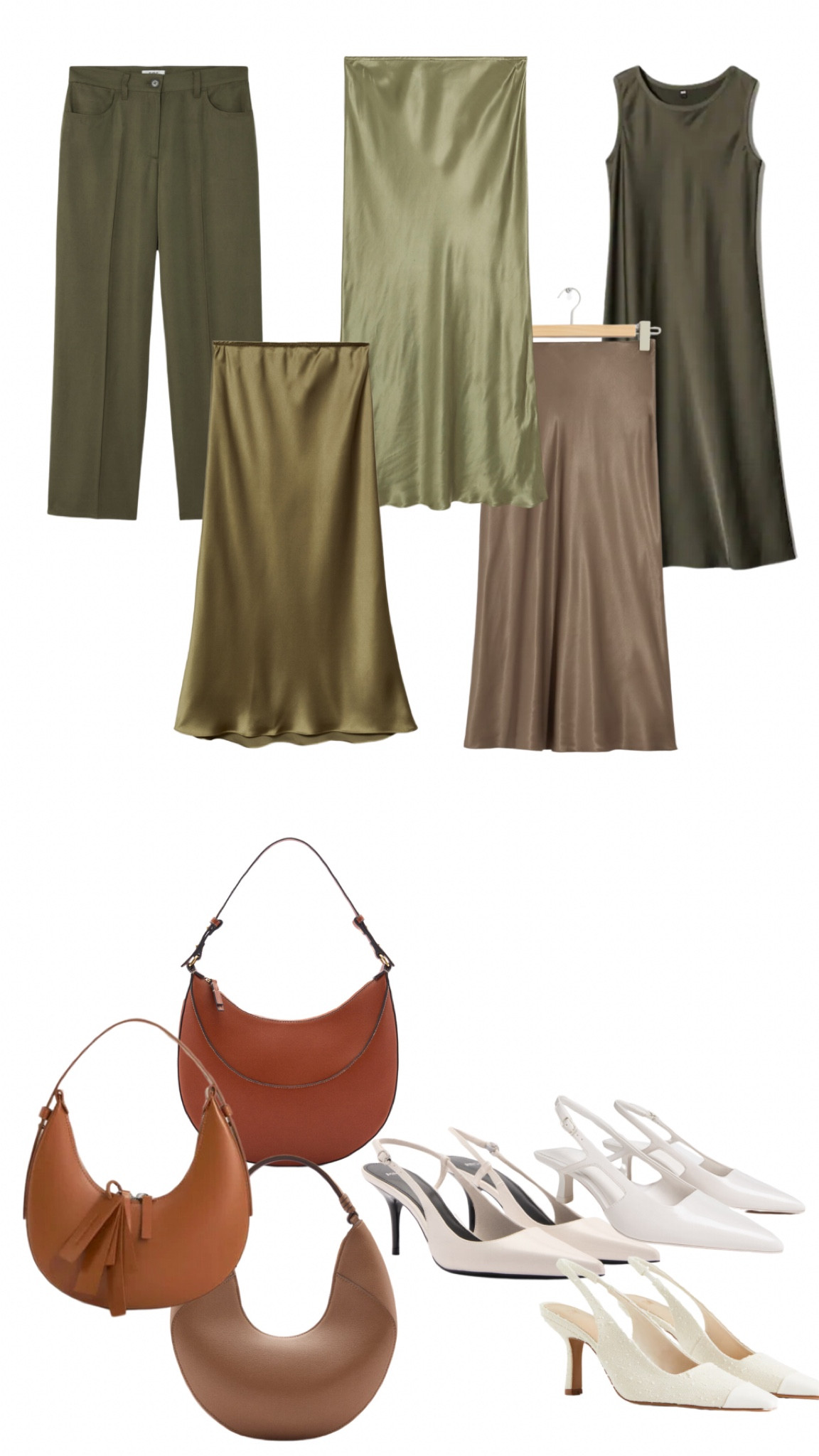 green satin skirt, tan shoulder bag, white kitten heels, olive satin skirt, satin midi skirt, tan bag, polene bag dupe, polene numero dix, white pointed heels, slingback heels, mango uk

#LTKfindsunder50 #LTKSeasonal #LTKstyletip