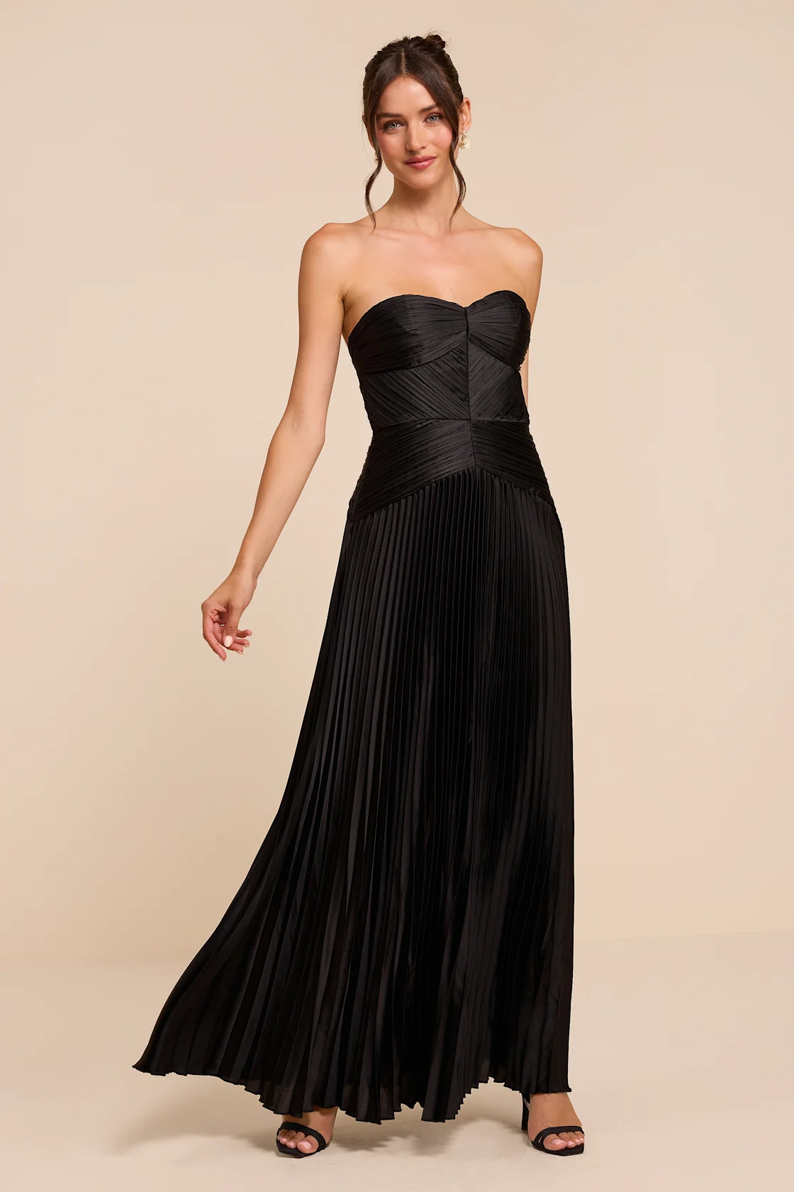Elkay Black Pleated Satin Drop Waist Maxi Dress | Lulus