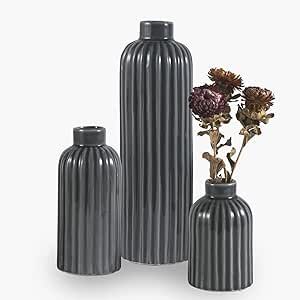 Kimdio Ceramic Vase Set- 3 Small Vases, Modern Farmhouse Home Décor Accents, Grey Ribbed Vases f... | Amazon (US)